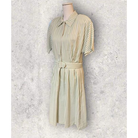 Vintage Penbrooke Lane Dress Womens 10 Green White Striped Button Up Belted Midi - Picture 6 of 12